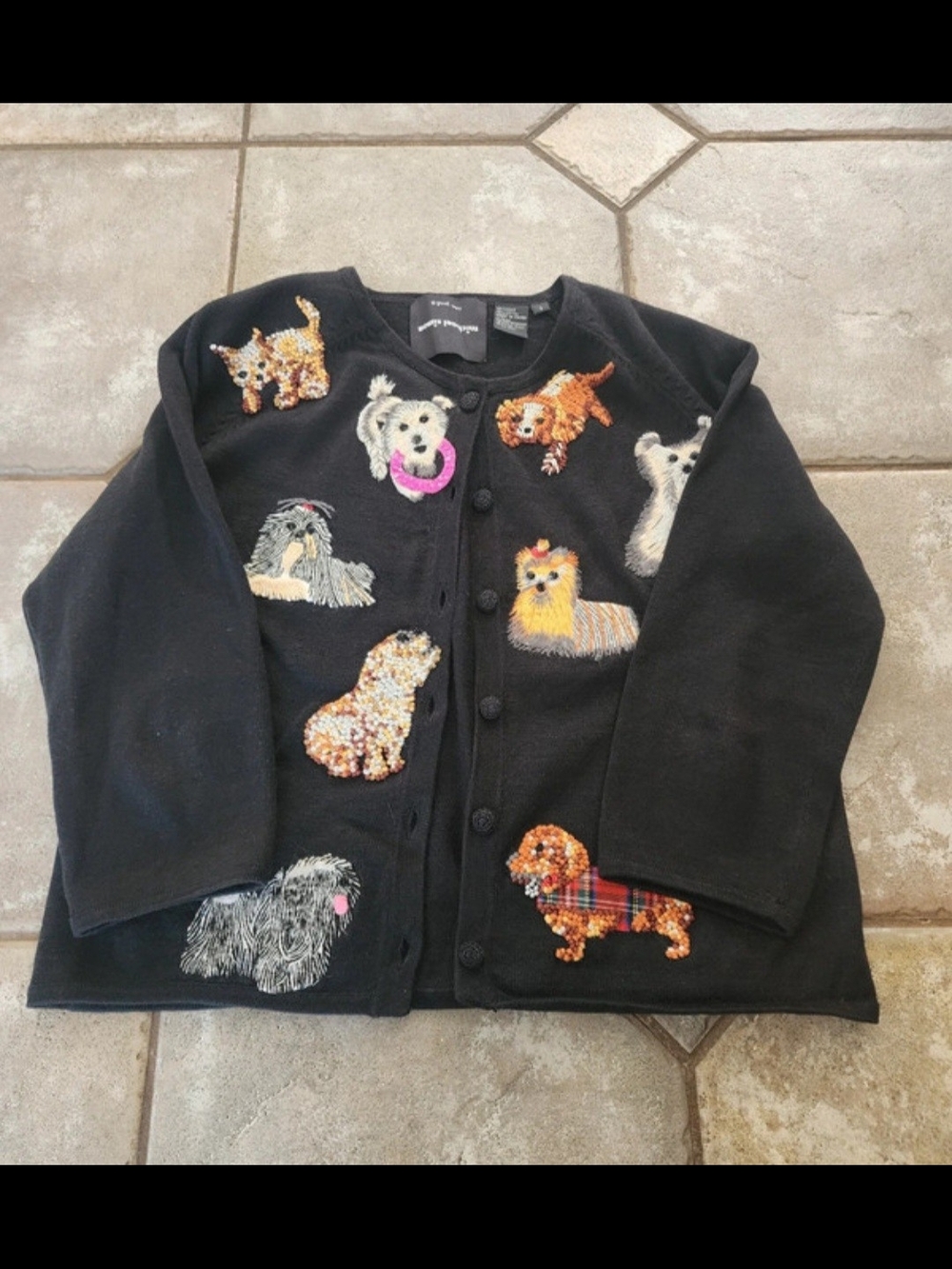 Michael Simon Black Knit Top with Multicolor Embroidery Of Breeds Of Dogs